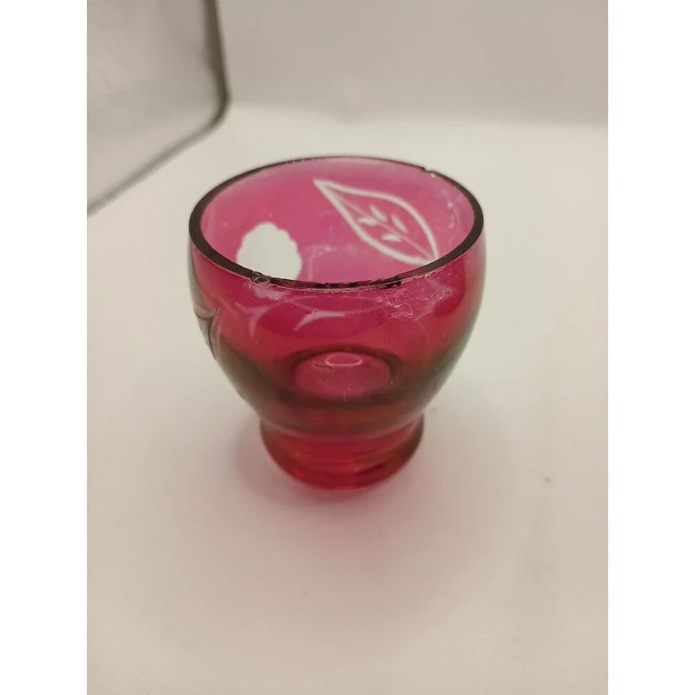 MCM Vintage Etched Cranberry Glass DECANTER With 5 Cordial Shot Glasses Red